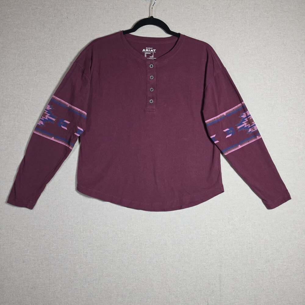 Ariat Womens S Long Sleeve T Shirt Burgundy Aztec Pullover Quarter Button